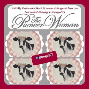 🦋 New Pioneer Woman Novelty Cow Appetizers 7"d Pink Gingham Plates, Set of 4